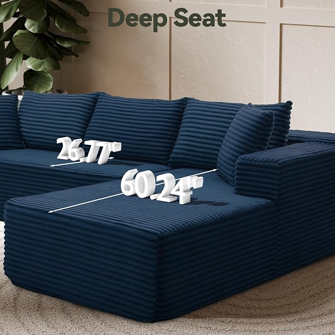 Modern Cloud Modular Sectional Sofa with Chaise, 106" L-Shaped Sofa Couch for Living Room, Deep Seat Plush Boneless Couches, Includes Pillows, Left Chaise, Blue