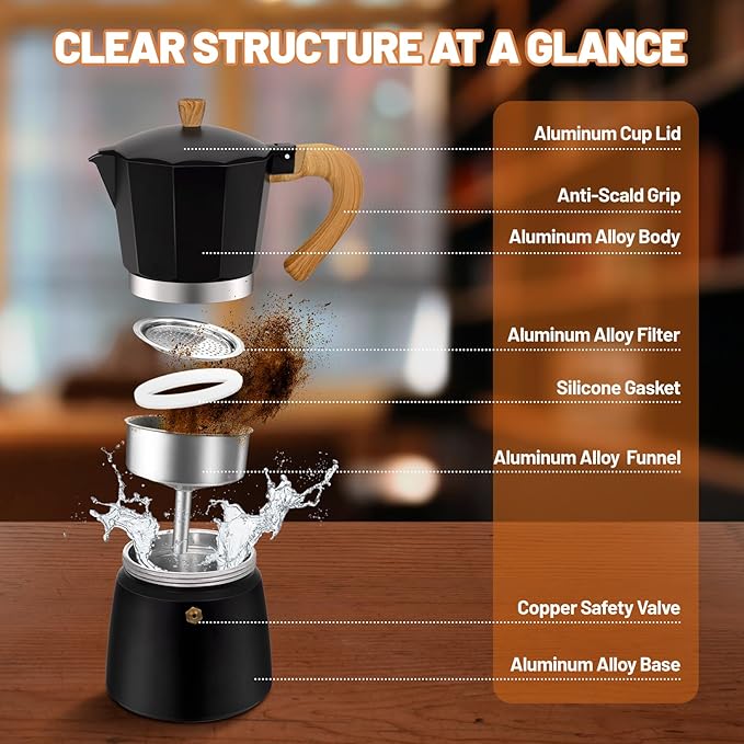 6 Cup Aluminum Espresso Stovetop Moka Pot Express Coffee Maker Percolator Italian Classic Mocha Coffee Machine for Italian and Cuban Cafe Brewing for Home & Camping 300ml 10oz