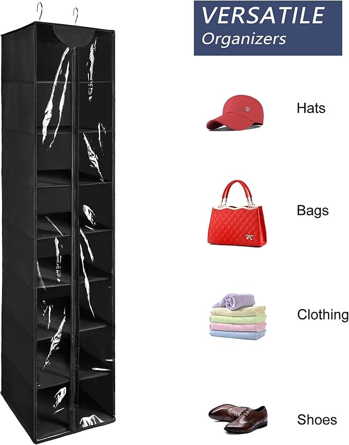Libeder Hanging Closet Organizer, 8-Shelf Wardrobe Clothes Storage Organizer with Zipper,Hanging Shelves for Sweater,Shoes,Purse,Hats,Black