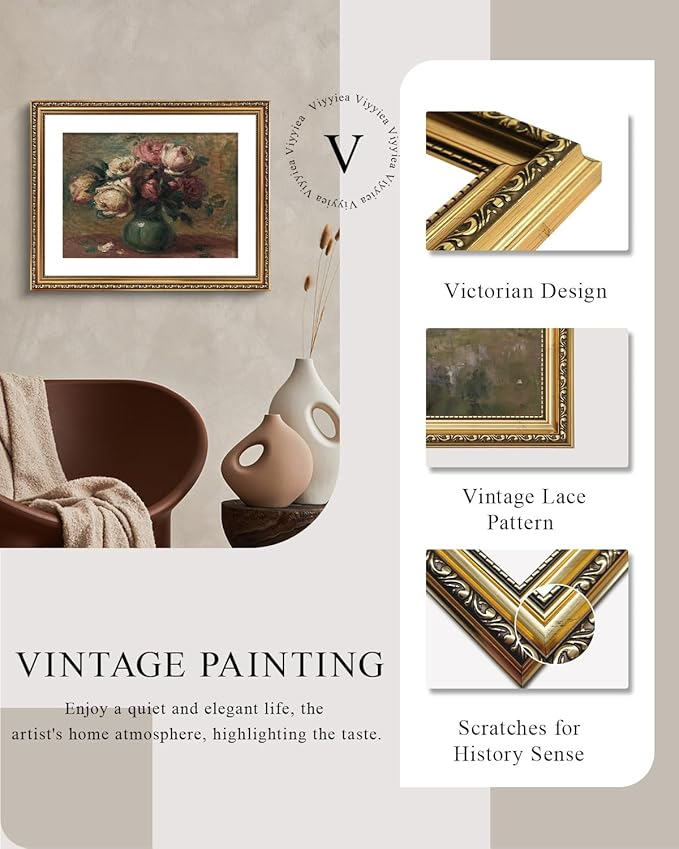 VIYYIEA Gold Framed Wall Art Canvas Print Home Decor Flower Art Vintage Botanical Prints Rustic Farmhouse Wall Decor Mid Century Art Prints Floral Room Decor Wall Pictures Living Room Bedroom 16x20in