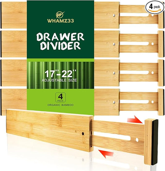 Kitchen Drawer Dividers, Adjustable Bamboo Drawer Organizer (17-22"), Expandable Utensil Organizer for Kitchen Storage, Closet, Dresser (4 Pack)