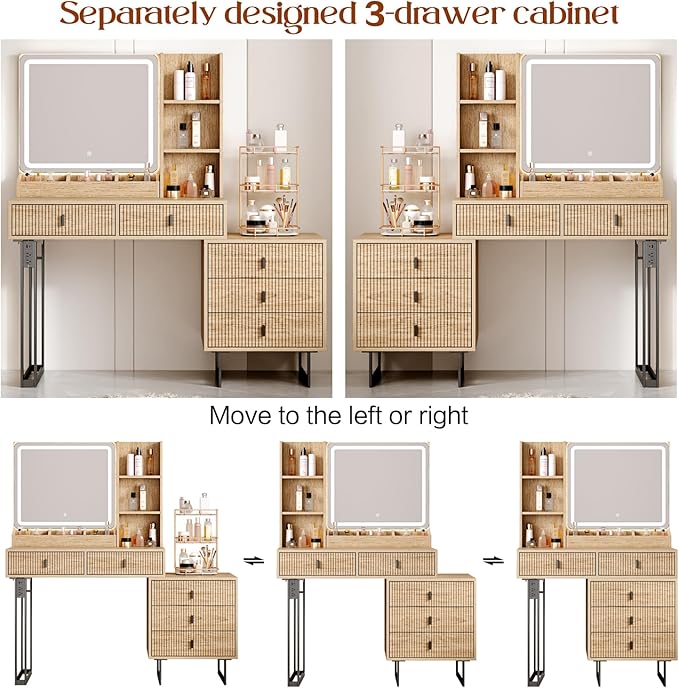 Large Vanity Desk with 3 Color Touch Screen Dimming Mirror, Vanity Desk with Charging Station, Modern Retractable Makeup Dressing Table, Makeup Table With storage shelves and 5 Sliding Drawers, Oak