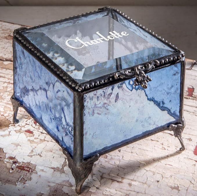 Personalized Engraved Jewelry Box Decorative Vanity Display Stained Glass Keepsake -J Devlin Box EB217-1 (Blue)