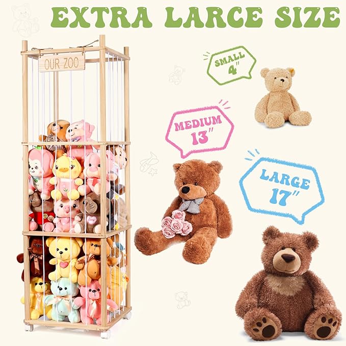Stuffed Animal Storage & Organizer, Wooden Stuffed Animal Zoo, Large Toy Storage Organizer & Holder, Plush Toy Display Tower Shelf with Wheels for Toddler Rooms, Playrooms & Kids Bedrooms