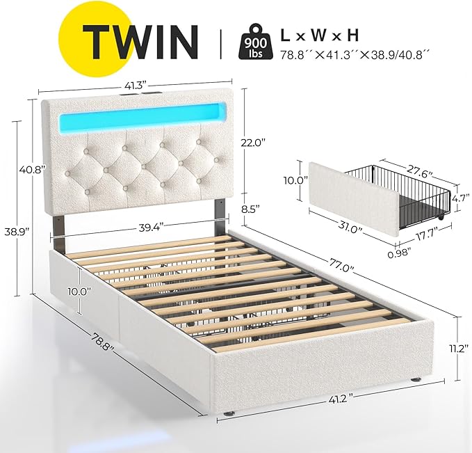 Rolanstar Twin Bed Frame with Charging Station and LED Lights, Upholstered Bed with Adjustable Headboard and 4 Storage Drawers, No Box Spring Needed, Easy Assembly, White