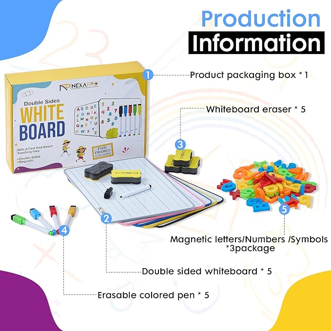 5 Pack Dry Erase Board 9x12 Magnetic Double-Sided Whiteboard for Kids, Marker Board with Markers, Small White Board for Students,Classroom Use,78Pieces Magnetic Letters Numbers & Educational Gifts