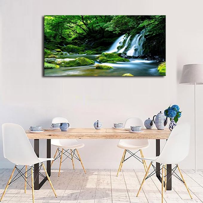Waterfall Canvas Wall Art Living Room Decoration Large Nature Picture Artwork Modern Wall Art Landscape Green Forest for Kitchen Office Wall Decor Home Decorations Framed Ready to Hang 20" x 40"