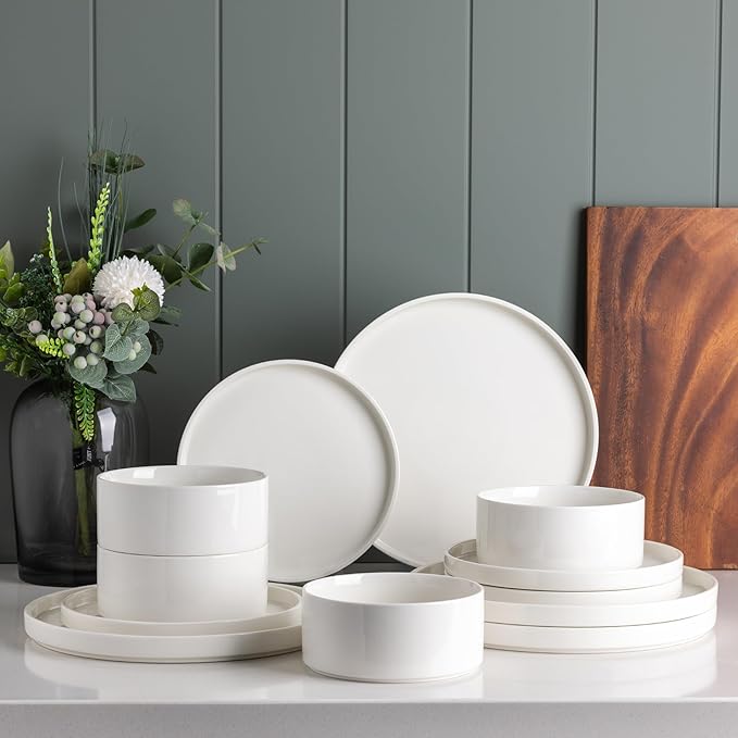 LERATIO Ceramic Dinnerware Sets for 4,Plates and Bowls Sets,Handmade Reactive Glaze Dishes Set,Scratch Resistant | Oven&Dishwasher & Microwave Safe,Service for 4-White