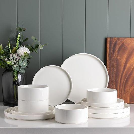 LERATIO Ceramic Dinnerware Sets for 4,Plates and Bowls Sets,Handmade Reactive Glaze Dishes Set,Scratch Resistant | Oven&Dishwasher & Microwave Safe,Service for 4-White