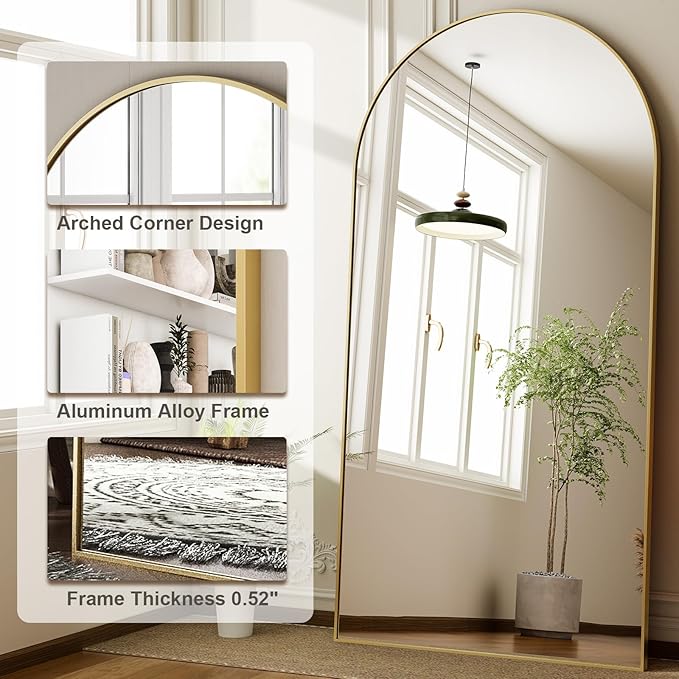 HARRITPURE 76"x34" Arched Full Length Mirror Free Standing Leaning Mirror Hanging Mounted Mirror Aluminum Frame Modern Simple Home Decor for Living Room Bedroom Cloakroom, Gold