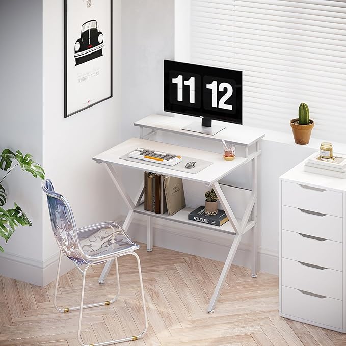 ODK Small Computer Desk, 27.5 inch Desk for Small Spaces with Storage, Compact Table with Monitor & Storage Shelves for Home Office, Modern Style Laptop Desk, Pure White