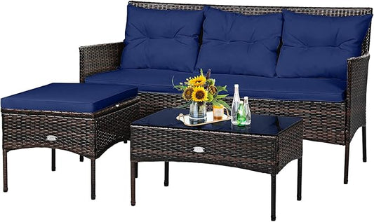 Tangkula 3 Pieces Patio Conversation Set, All Weather Outdoor PE Rattan Wicker Furniture Set with Padded Cushions, Tempered Glass Coffee Table, for Poolside, Backyard, Garden (Navy)