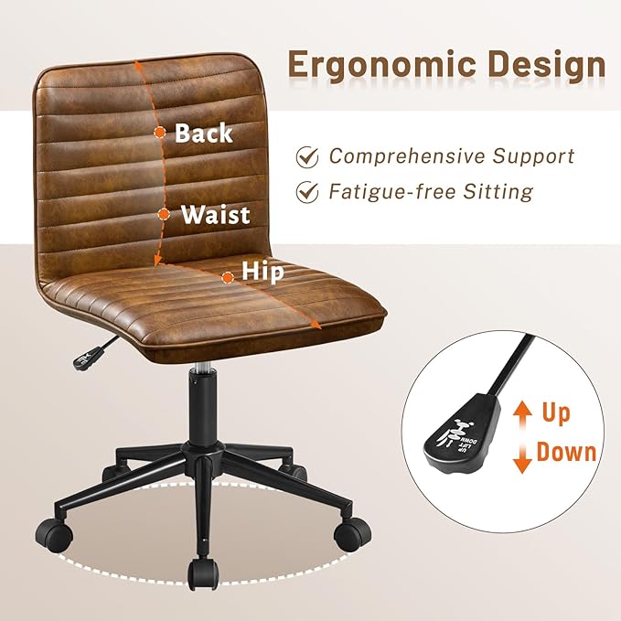 Furniliving Leather Office Chair with Wheels Armless Vanity Desk Chair 360° Swivel Computer Rolling Chair with Mid Back, Height Adjustable Accent Chairs with Gold Metal Base Stool, PU YellowBrown