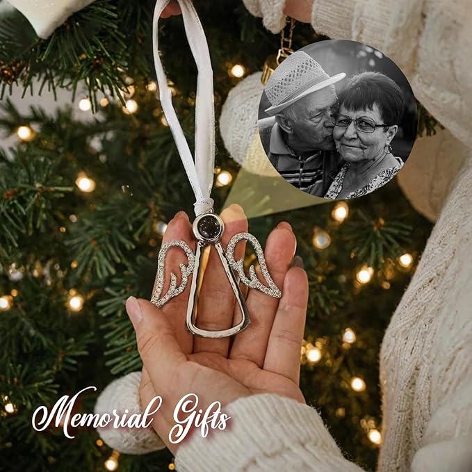 NAZENTI Personalized Christmas Ornament for Grandparents, Custom Angel Wings Photo Projection Ornament, Memorial Ornaments with Photo Inside for Tree Hanging Xmas, Family Remembrance Decor