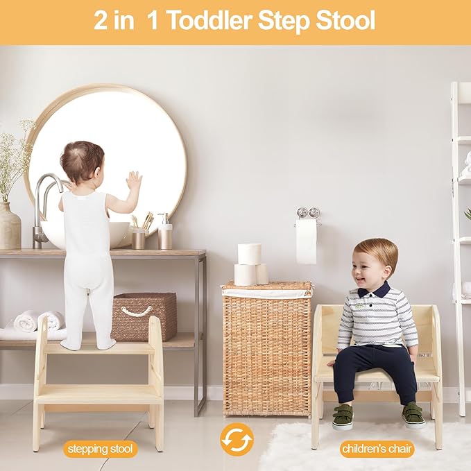 comfoyar 2 in 1 Toddler Step Stool, Wooden 2 Step Stool for Kids with Handles and Anti Slip Pad, Convertible Back Chair, Height Adjustable Potty Training Helper Stool for Bathroom Sink, Bedroom