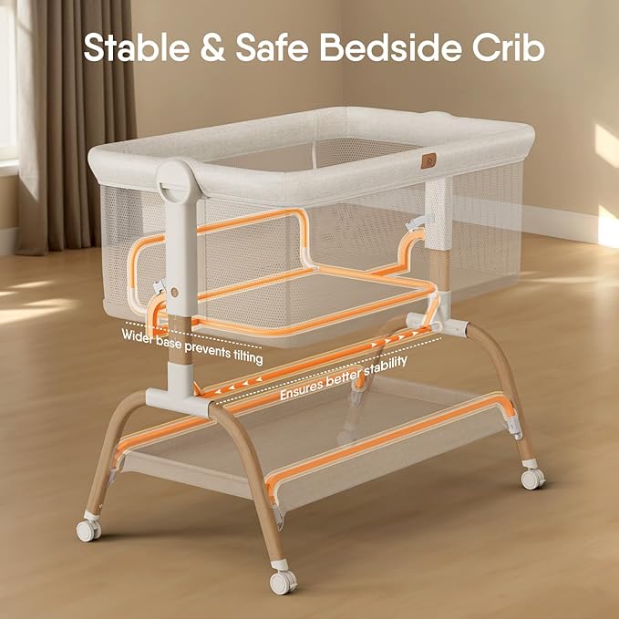 Baby Bassinet Bedside Crib, 3-in-1 Baby Bassinet Bedside Sleeper with Mattress and Soft, Breathable Sheet, Full-Mesh Sides, 6-Height Adjustable, Stable and Secure Crib for Newborns