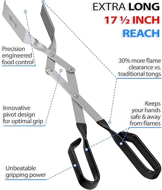 Shark BBQ Grill Tongs - 17 inch Black. Professional kitchen and outdoor grilling utensil. Long reach Barbeque Grilling Tongs. Ideal for steak, fish, burger, and sausage