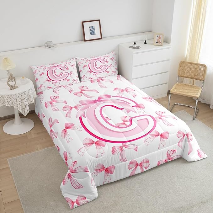jejeloiu Kids Girls Cute Pink Bow Comforter Set Full Size Coquette Bow Knot Bedding Set Ultra Soft Personalized Initial C Duvet Quilt Monogrammed Quilt Set Room Decor Modern Fashion Comforter