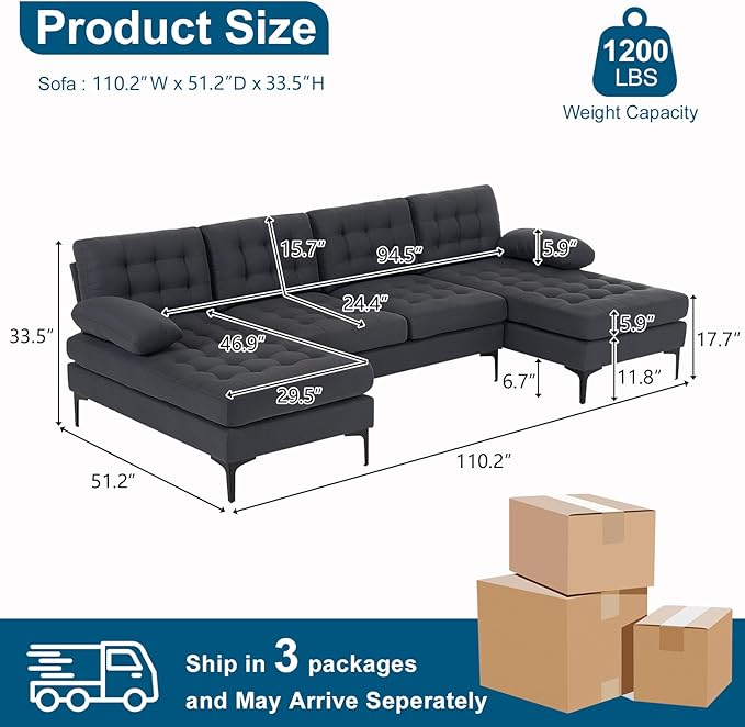 VINGLI 110" Modern U Shaped Sectional Sofa Couch with 51" D Double Chaise for Living Room, Large Tufted Button Couch Sets with 5.9" Thickness Seating Padding for Small Spaces (Grey,Tufted Button)