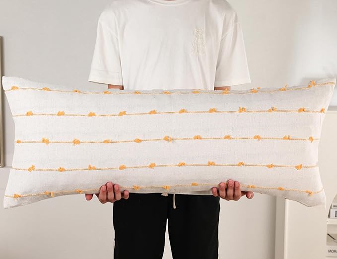 Long Lumbar Throw Pillow Cover 14x36,Stripe Pattern Cotton Yellow Boho Extra Long Decorative Pillow Cover Pillow Case Cushion Cover for Bed Sofa Couch Farmhouse,Skinny Modern Accent