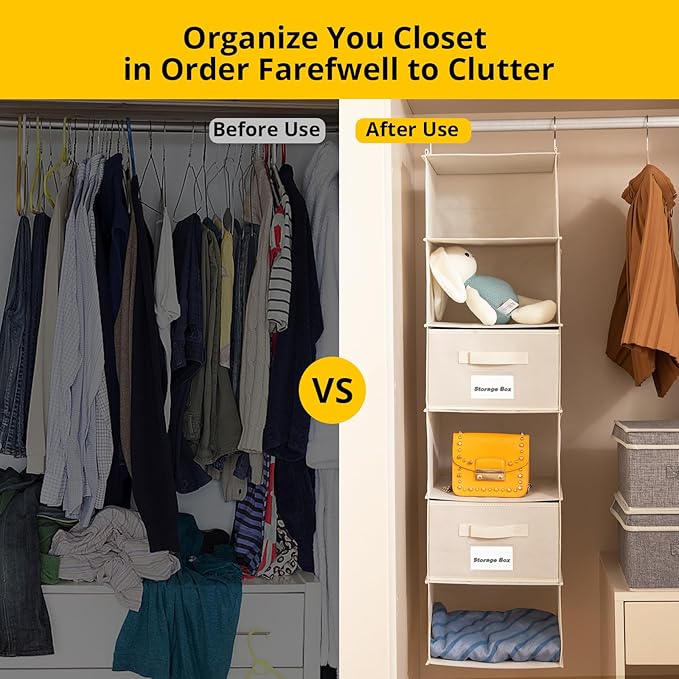 2 Pack 6 Shelves Hanging Closet Organizer with 2 Drawer, Hanging Storage with 4 Side Pockets for Clothes Shoes, 43.5"x12"x12"(Beige)