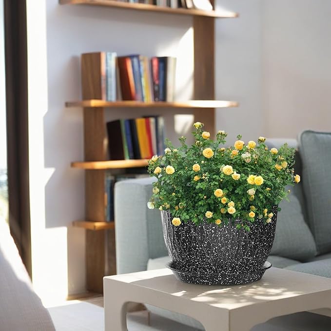 12/10/9 Inch Plant Pots, 3 Pack Large Flower Pots for Indoor and Outdoor Plants with Water Ripples, Large Plastic Flower Pots with Drainage Holes and Tray for Garden Indoor Plants