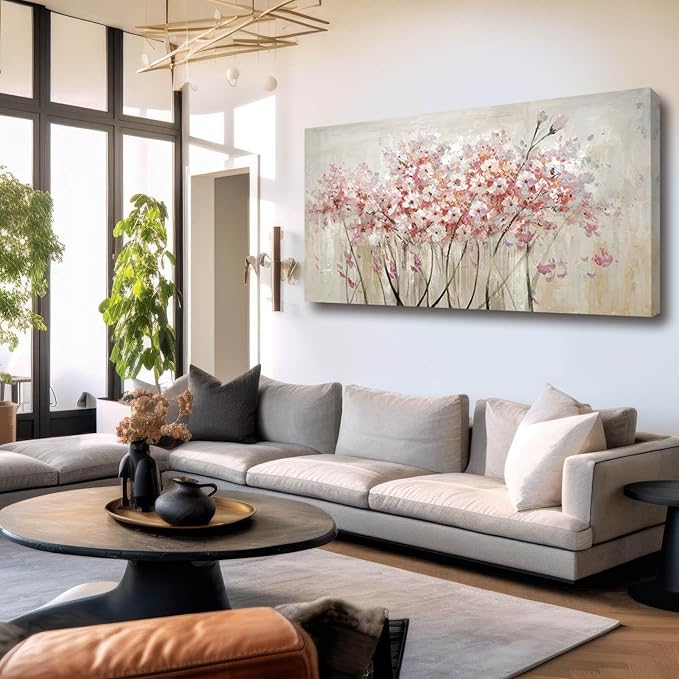YJYart Home Decor Pink Blossom Hand Painted 30x60 Inch Colorful Wall Art Large Canvas Wall Art for Living Room Bedroom Office Kitchen