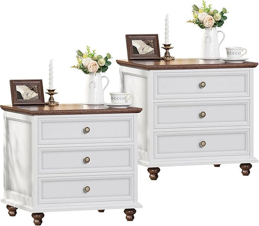 24" Wide Farmhouse Night Stand Set of 2,Large End Table with 3 Drawers & Metal Handle,White Wood Dresser for Bedroom, Bed Side Table Chest of Drawers Cabinet, Nightstand for Living Room,Closet