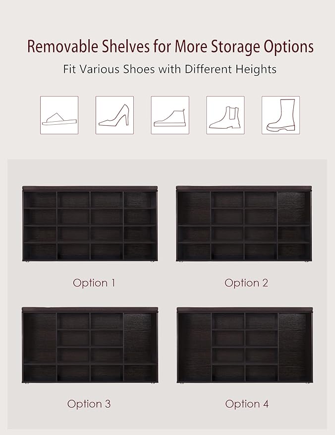 DINZI LVJ Shoe Storage Bench with Cushion, 16-Cubby Shoe Rack, Adjustable Shelves, Multifunctional Shoe Organizer Bench for Entryway, Mudroom, Hallway, Living Room, Bedroom and Garage, Espresso