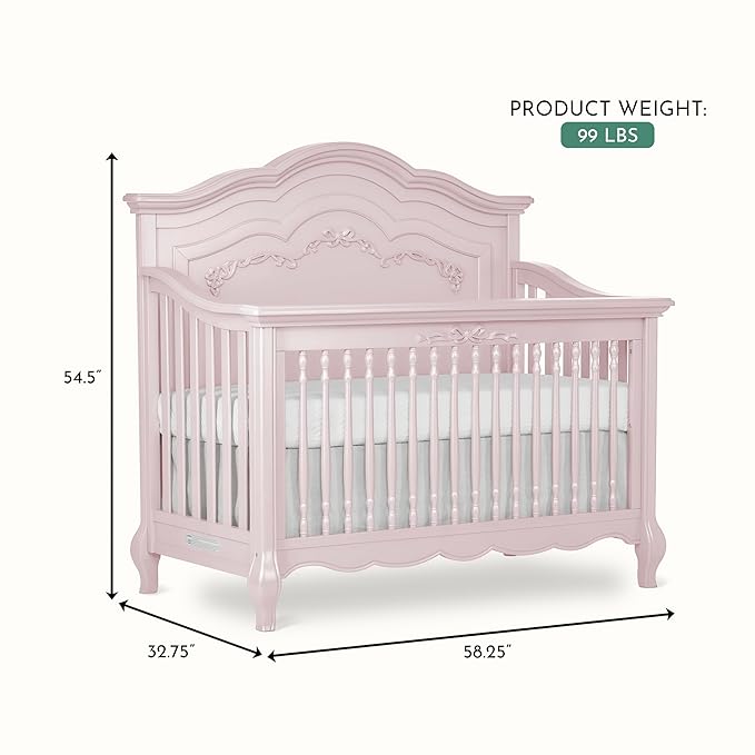 évolur Aurora 5-in-1 Convertible Full-Size Baby Crib in Dusty Rose, GreenGuard Gold & JPMA, 3 Mattress Heights, Ribbon Bow Scrollwork & Queen Anne Feet, Converts to Toddler, Day & Full-Size Bed