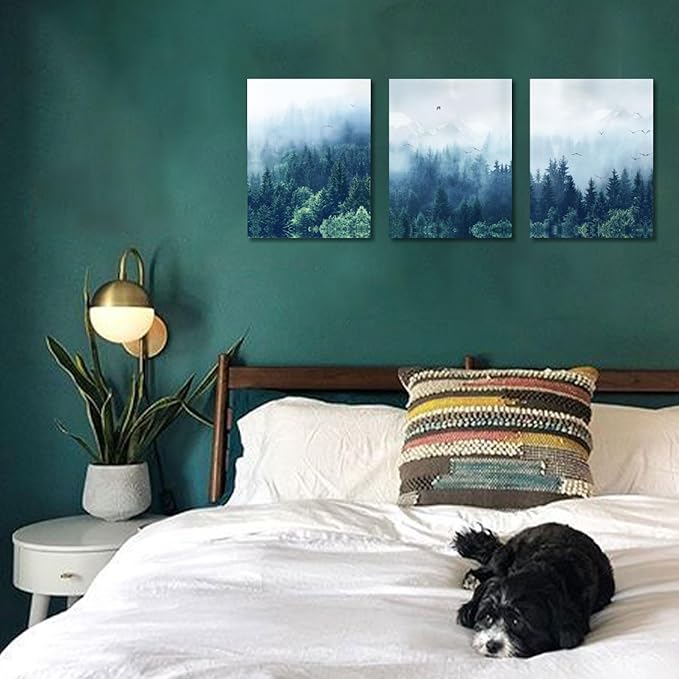 Arjun Forest Wall Art Misty Indigo Blue Landscape Canvas Painting Mountain Pine Tree Nature Birds Pictures Scenery Framed for Living Room Bedroom Bathroom Home Office Wall Decor, 12"x16"x3 Panels