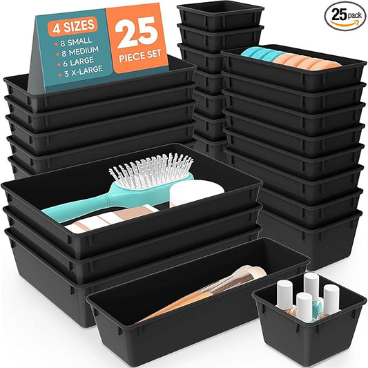 25 PCS Plastic Drawer Organizer Set, 4-Size Versatile Organizer Trays & storage Bins for Makeup, Jewelry, and Gadgets in Bathroom, Bedroom and Office, Black
