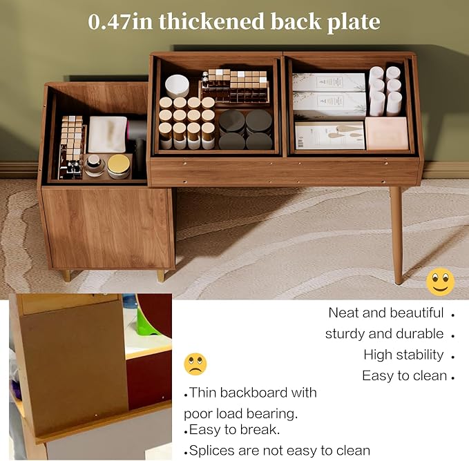 Walnut Stylish Corner Makeup Vanity Table，Vanity Desk with Lighted Mirror and 4 Spacious Drawers,Bedroom Essential Dressing Table with Nightstand，Modern Minimalist Writing Desk for Girls