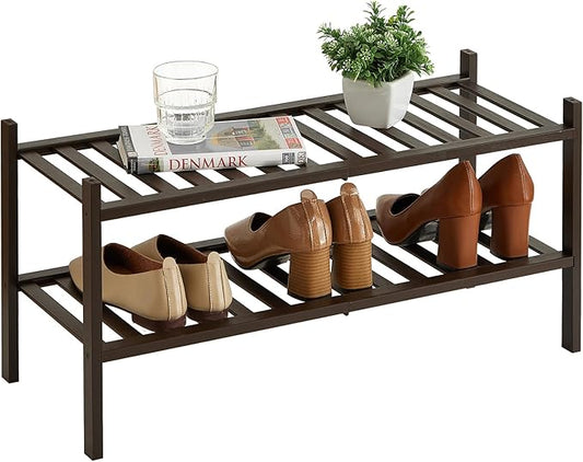 2-Tier Bamboo Shoe Rack for Entryway, Stackable | Heavy Duty | Multi-Function, Free Standing Shoe Racks for Bedroom Hallway Closet