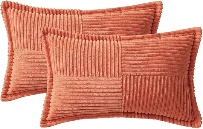 MIULEE Decorative Lumbar Throw Pillow Covers for Couch Bed Livingroom 12x20 Inch Set of 2 Coral Red Boho Accent Throw Pllows Broadside Striped Patchwork Soft Corduroy Summer Pillowcases