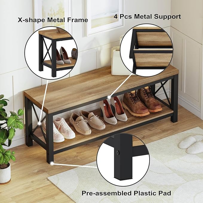 BON AUGURE Entryway Bench, Farmhouse Shoe Benches, Wooden Metal Entry Storage Bench with Shelf for Mudroom, Bedroom, Hall (47 inch Wide, Vintage Oak)