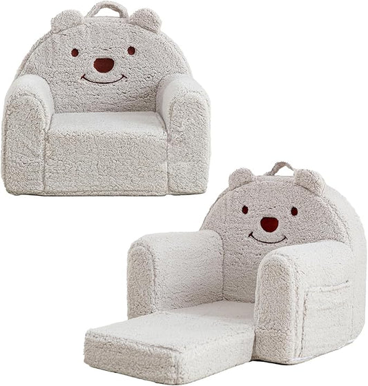 Toddler Chair,Sherpa Bear Kids Chair,Toddler Couch Fold Out,Children Reading Chair,Flip Out Kids Couch,Toddler Sofa Convertible for Age 1-3(Grey Bear)