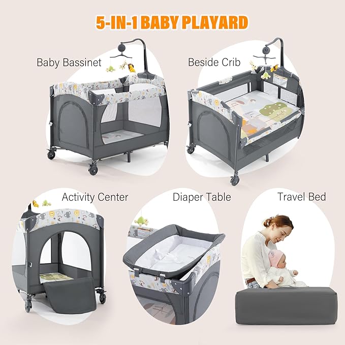 5 in 1 Infant Newborn Baby Crib,Baby Bassinet Bedside Cribs,Pack and Play and Changing Table,Portable & Music Box,Portable Travel Crib,Dark Gray