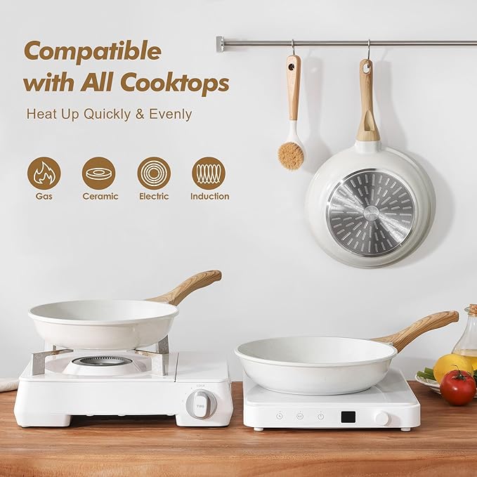 SENSARTE Nonstick Frying Pan Skillets, White Ceramic Coating Omelette Pans, Healthy Cookware Chef's Pan, Free of Intentionally Added PTFE & PFAS (8+11Inch with Lid)