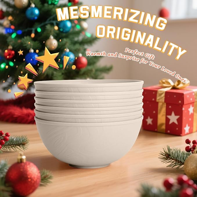 Homienly Wheat Straw Bowls for Kitchen, Bowl Set with Unique Texture 6 PCS, 40 OZ Large Capacity Bowls for Salad, Cereal, Soup, Popcorn, Ramen, Microwave and Dishwaher Safe, Outdoor Safe - Beige