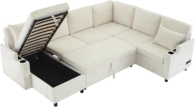 Ball & Cast 109.9" Sectional Sofa with Pull Out Bed, Chenille Upholstered Sleeper Sofa bed with Storage Chaise, Convertible U Shaped Couch with Two Cup Holders and Charging Ports for Living Room,Beige