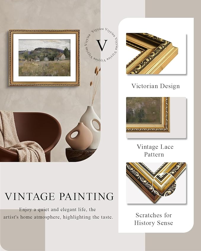VIYYIEA Gold Framed Wall Art Canvas Print Home Decor Vintage Landscape Art Prints Wall Decor Abstract Serene Countryside Scene Wall Prints Mid Century Modern Decor for Living Room Bedroom 16x20in