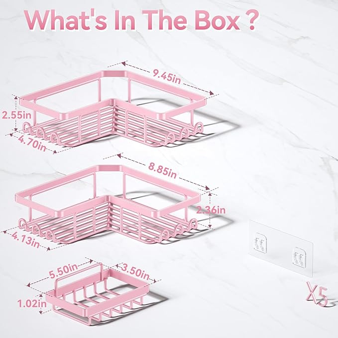 YASONIC Corner Adhesive Shower Caddy, with Soap Holder and 12 Hooks, Rustproof Stainless Steel Bathroom Organizer, No Drilling Wall Mounted Rack, Pink, 3-Pack