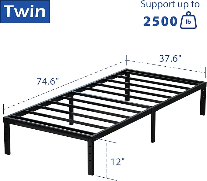 12 Inch Twin Bed Frame No Box Spring Needed, Heavy Duty Metal Platform Bed Frame Twin Size Support Up to 2500 lbs, Easy Assembly, Noise Free, Black