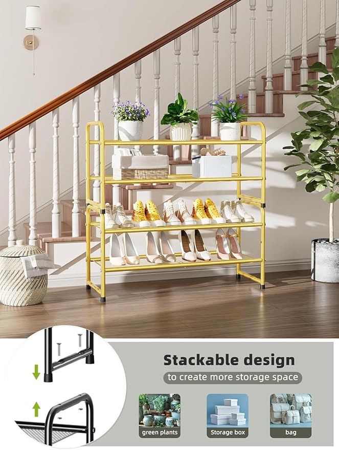 SUFAUY Shoe Rack for Closet, 33" Wide Metal Shoe Rack Organizer Heavy Duty, 2-Tier Mesh for Shoes, Gold