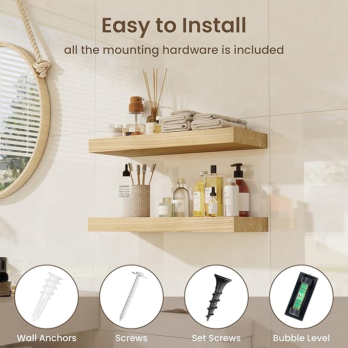 fuqing Floating Shelves for Wall - 24 Inch Wood Wall Shelves Set of 2-24 Inch Wide x 9.3 Inch Deep Natural Floating Wood Shelves with Upgraded Metal Brackets for Room