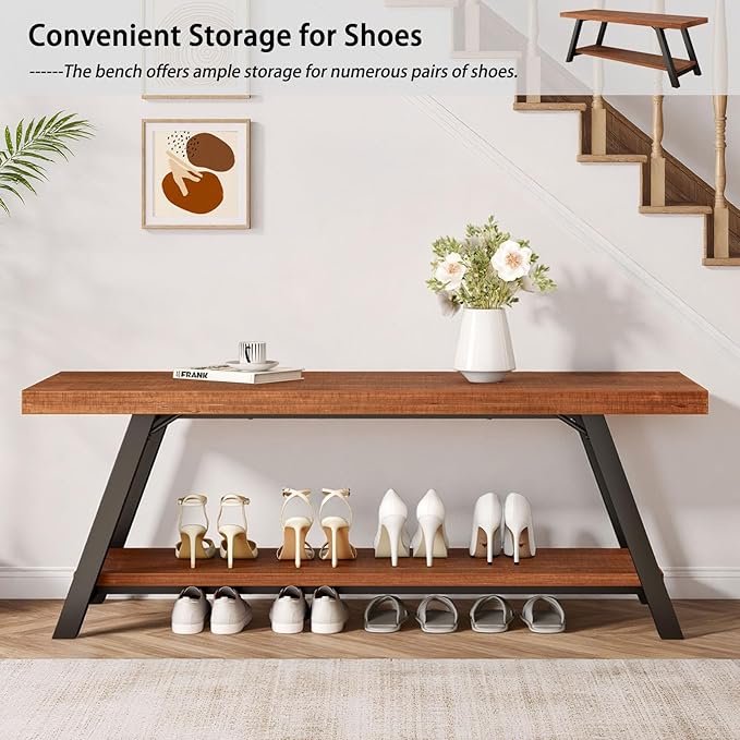 IBF Solid Wood Entryway Bench, Natural Real Wood Storage Bench, Farmhouse Wooden Shoe Bench in Entry Way Hallway Foyer Rack, Bedroom Bench Seat for Living Bed Mud Room Indoor, Rustic Brown, 47 Inch