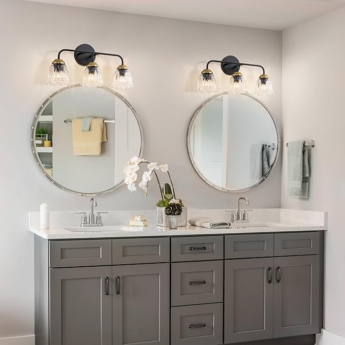 3-Light Black and Gold Bathroom Vanity Light, Thickened Glass Shade Wall Sconce, E12 Base Vanity Lighting Fixture for Mirror Cabinet Makeup Dressing Table