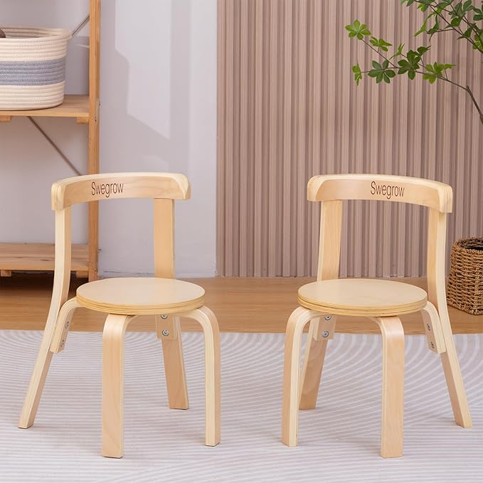 Swegrow Wooden Kids Chair, Toddler Chair for Table, Kids Stackable Chairs, Kid Wooden Furniture for Family/Playroom/Classroom（Set of 2-Natural Wood）
