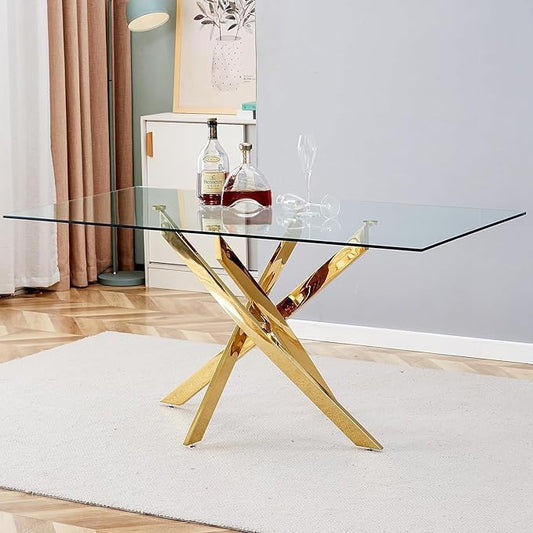 51-Inch Glass Dining Room Table for 4-6 People, Modern Rectangular Kitchen Dining Table with Gold Cross-Shape Stainless Steel Legs for Apartment Kitchen Dining Room
